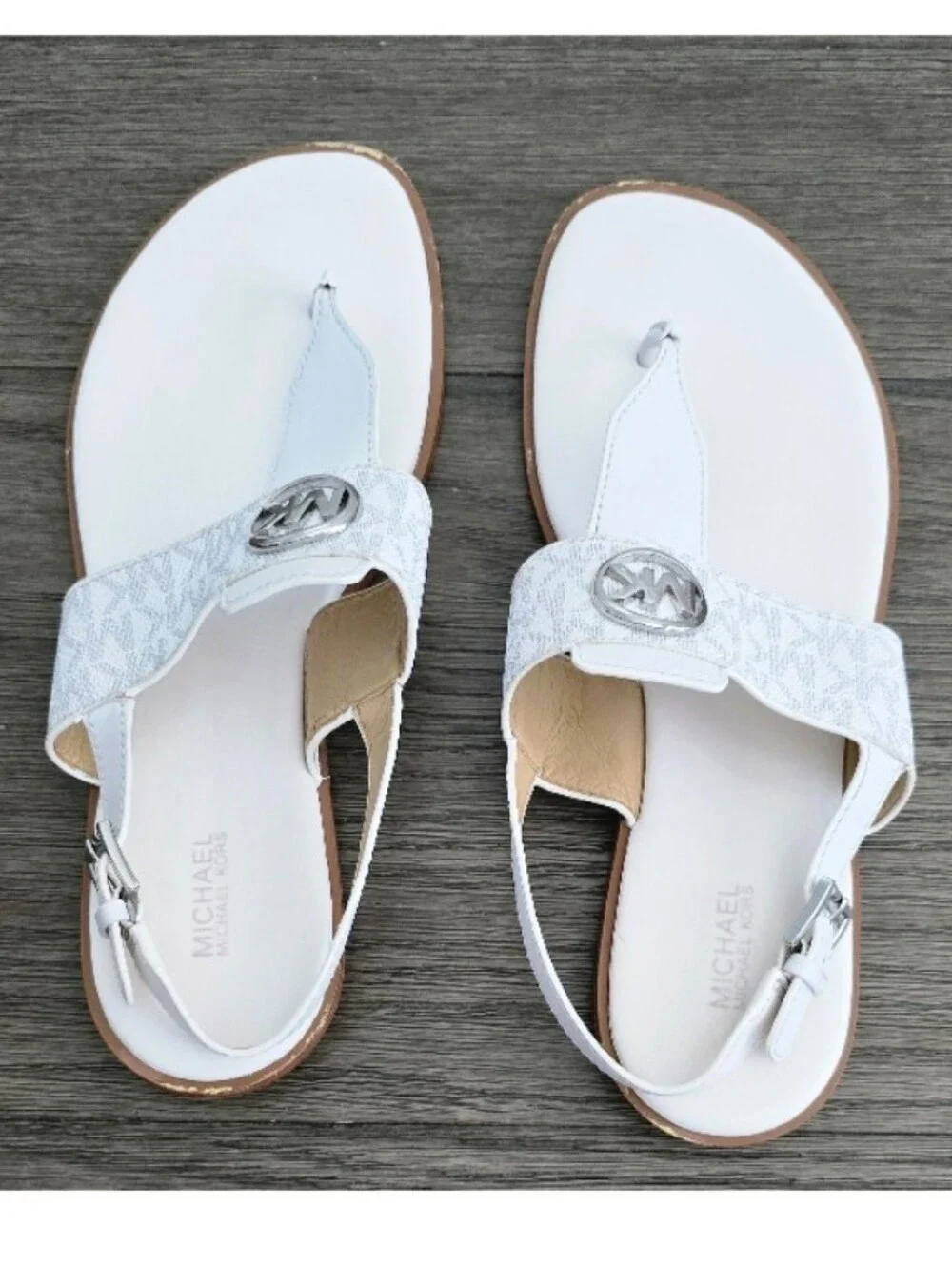 Michael Kors White Leather Thong Sandals with Silver MK Emblem, Size 10